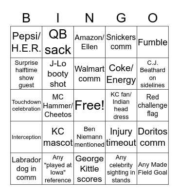 Super Bowl Bingo Card