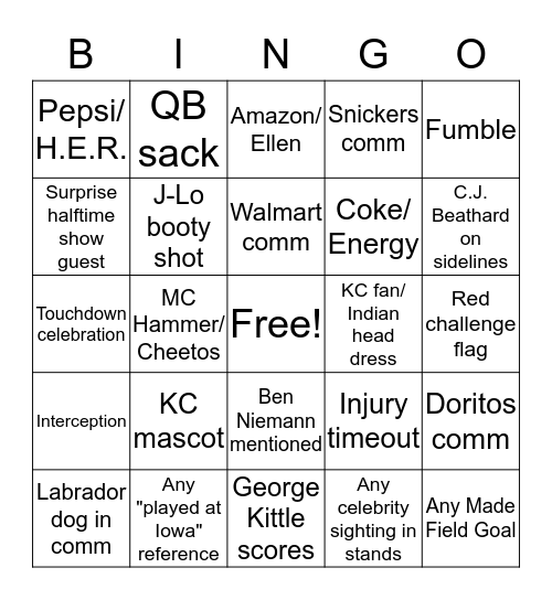 Super Bowl Bingo Card