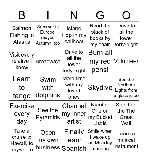 Bucket List Bingo!  What's on your Bucket List? Bingo Card