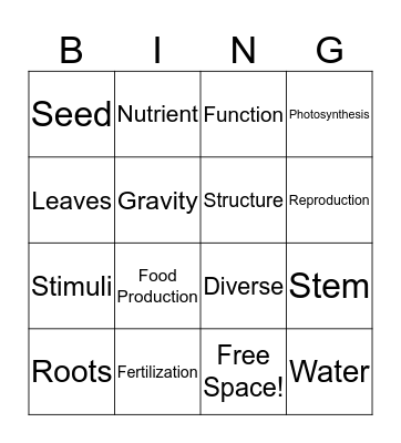 Plant Structures and Functions Bingo Card