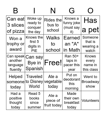 Classmate Bingo Card