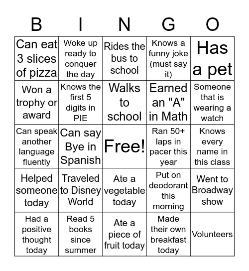 Classmate Bingo Card