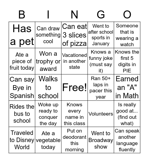 Classmate Bingo Card