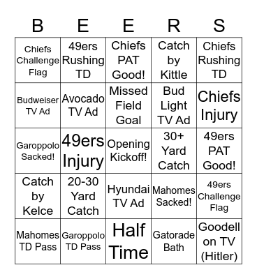 Super Bowl Bingo! Bingo Card