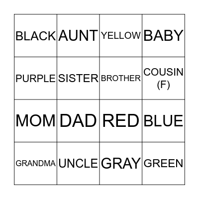 Colors/Family Bingo Card