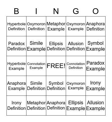 Fingurative Language Bingo Card