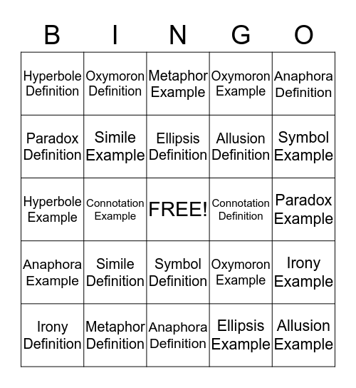 Fingurative Language Bingo Card