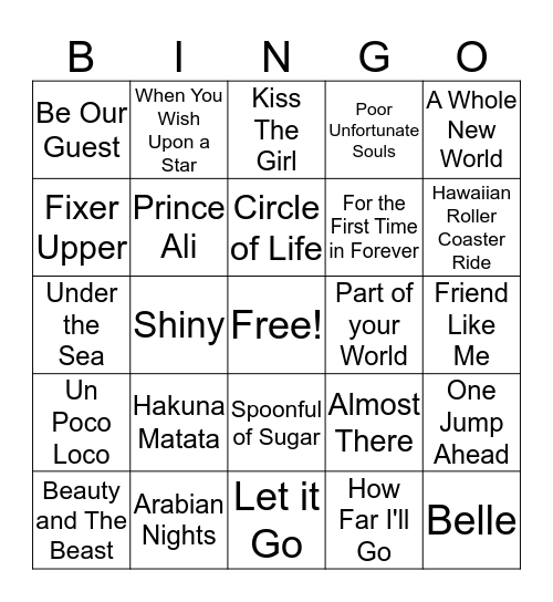 Disney SONGO Bingo Card