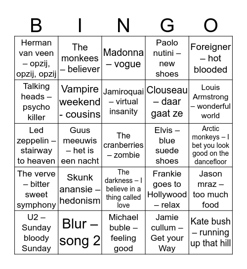 Alias Muziek Bingo  Bingo Card