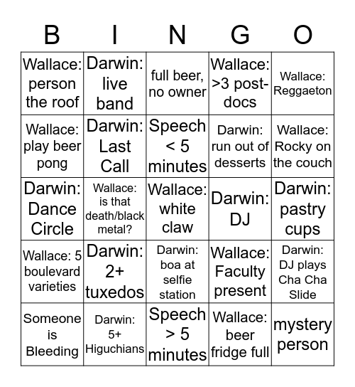 Darwin & Wallace Party Bingo 2020 Bingo Card