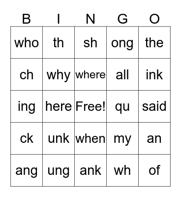 Fundations Level 1 Glued Sounds, Digraphs, & Trick Words Bingo Card