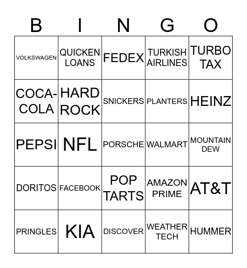 SUPER BOWL LIV COMMERCIAL BINGO Card