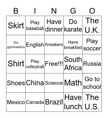 TEENS 1 Bingo Card