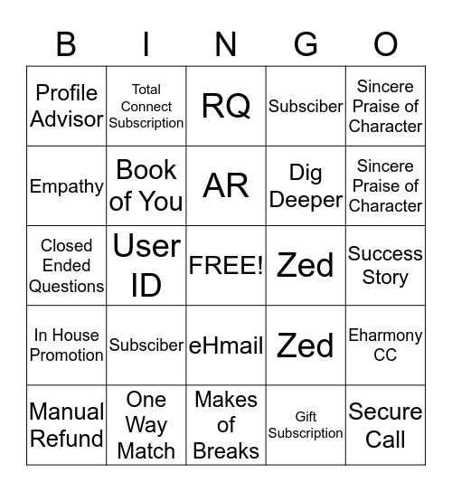 eHarmony Bingo Card