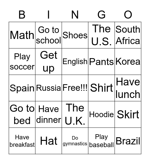 TEENS 1 Bingo Card