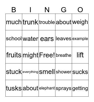 An Elephant's Excellent Trunk Bingo Card