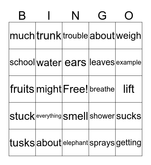 An Elephant's Excellent Trunk Bingo Card