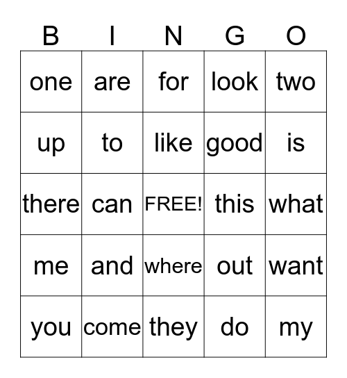 Sight Word Bingo Card