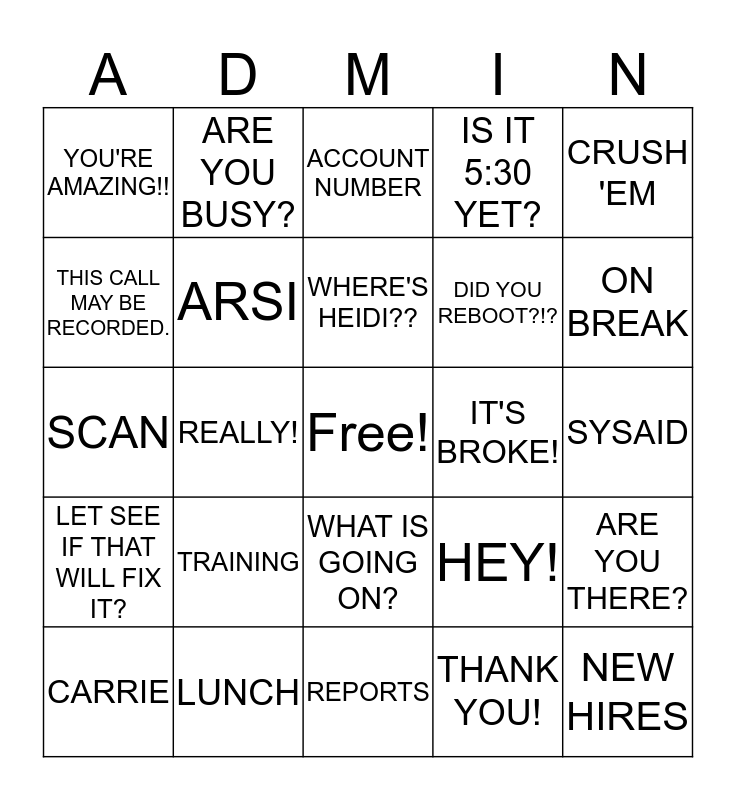 ADMIN BINGO Card