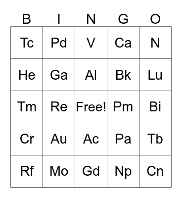 Periodic Table Bingo Card