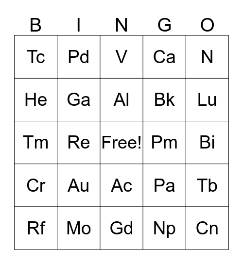 Periodic Table Bingo Card