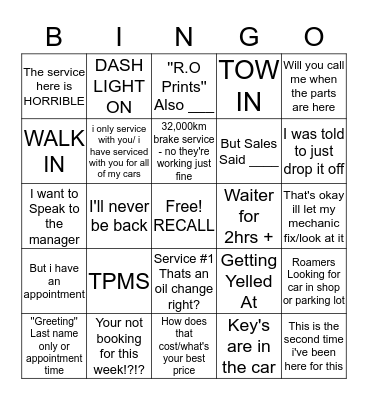 Bellville Toyota Service Bingo Card