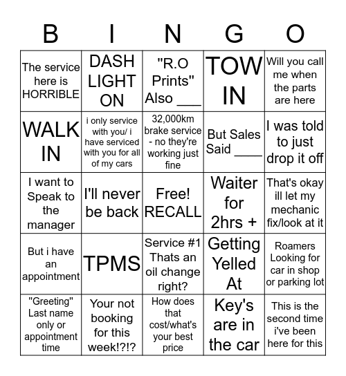 Bellville Toyota Service Bingo Card