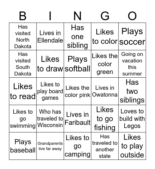 Get to know ya  Bingo Card