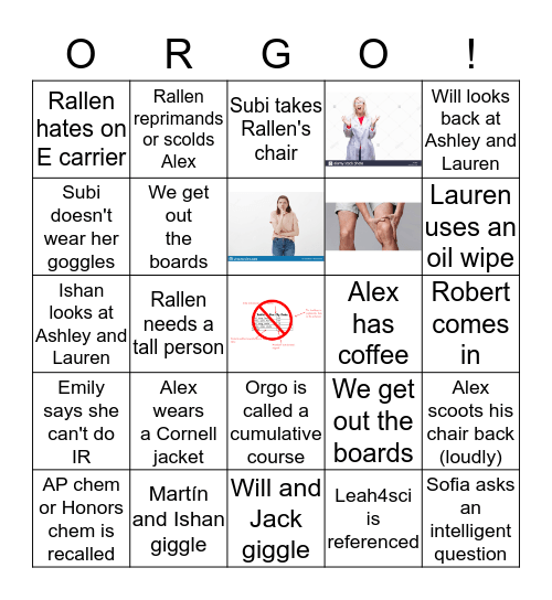 Orgo! Bingo Card