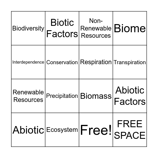 Environmental Science Technical Vocabulary Bingo Card