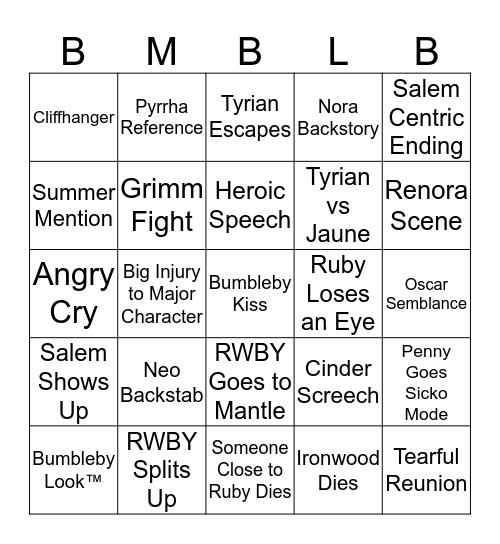 RWBY Volume 7 Finale Bingo Card