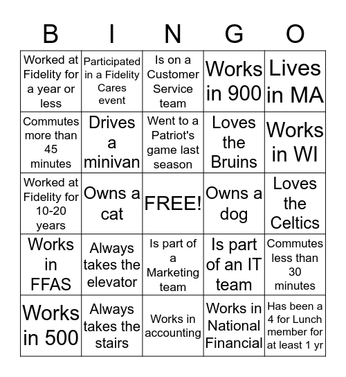 Fidelity 4 for Lunch Bingo Card
