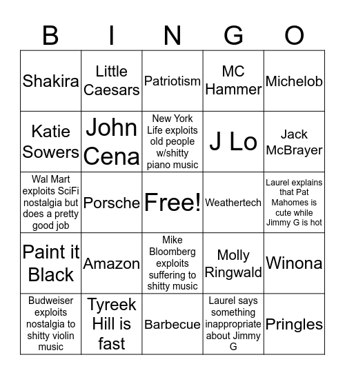 Super Bowl Bingo Card