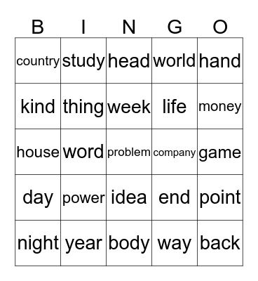 Common English Nouns Bingo Card