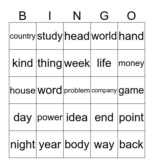 Common English Nouns Bingo Card