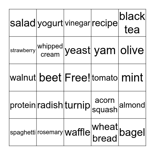 Food Vocabulary Bingo Card