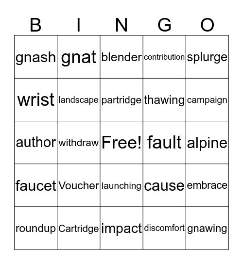 Vocabulary BINGO Card