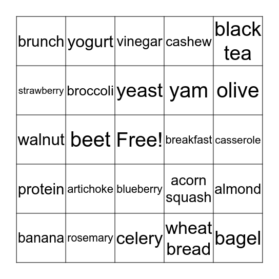 Food Vocabulary Bingo Card