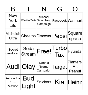 Super Bowl Commercial Bingo Card