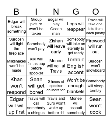Tahoe Trip Bingo Card