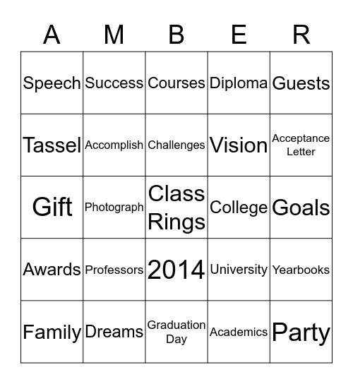 Princess Grad 2014 Bingo Card