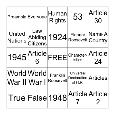 Human Rights Bingo Card