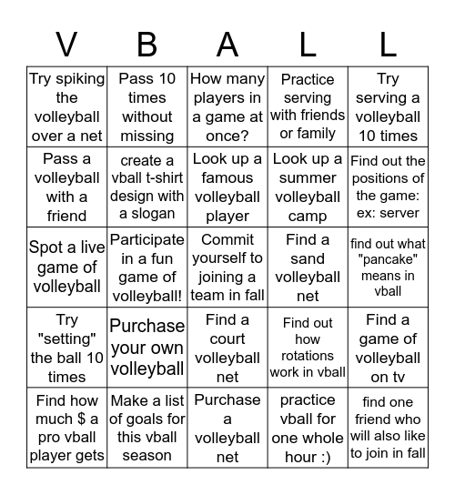 Volleyball Summer Scavenger Hunt Bingo Card