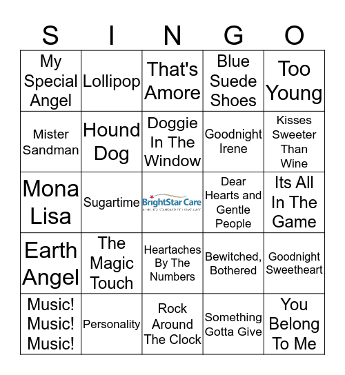 1950's MUSIC BINGO Card