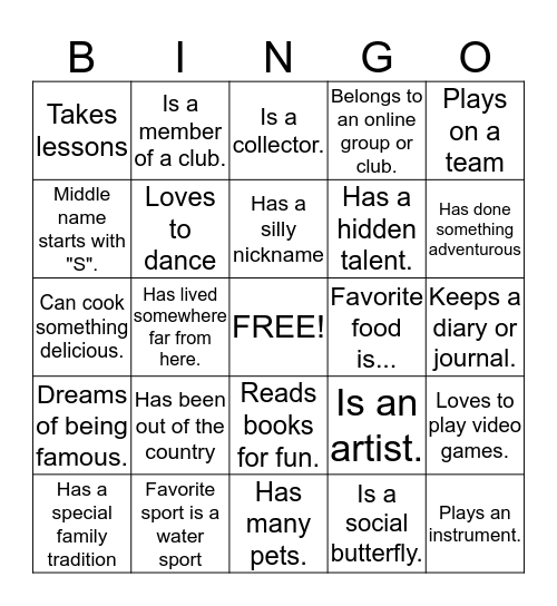 All About Me/All About You Bingo Card