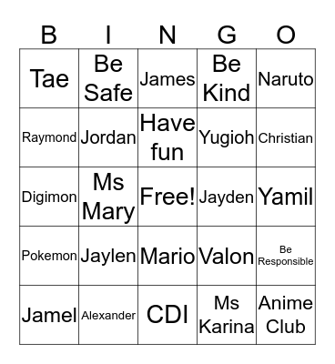 Anime Bingo Card