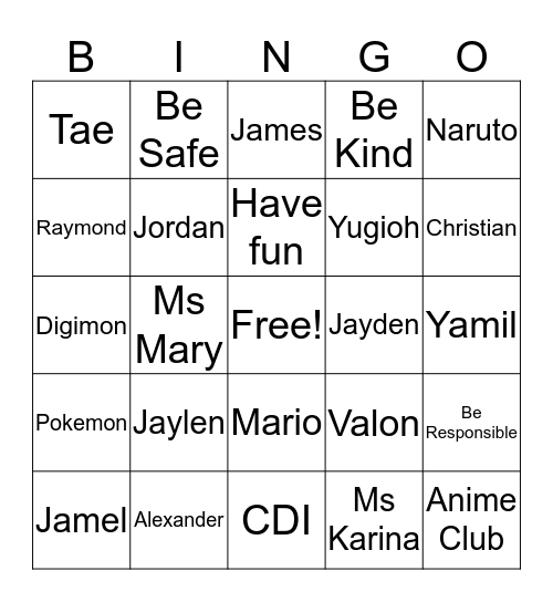 Anime Bingo Card