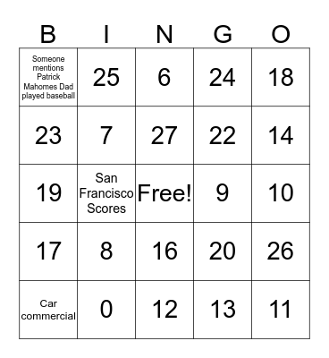 Super Bowl Bingo Card