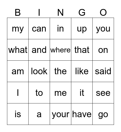 sight word bingo 1 Bingo Card