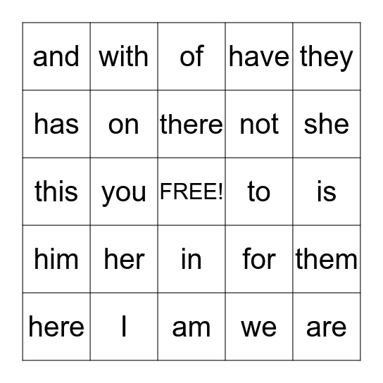 Sight Word Bingo Card